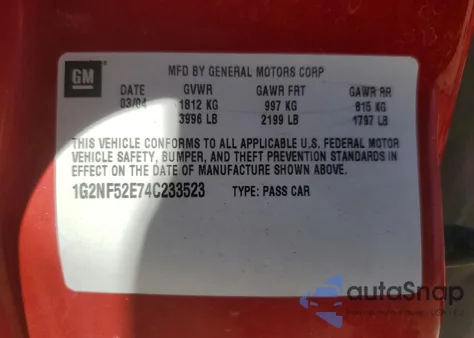 2004 Pontiac Grand Am Se1 z USA, uszkodzony, nr VIN 1G2NF52E74C233523